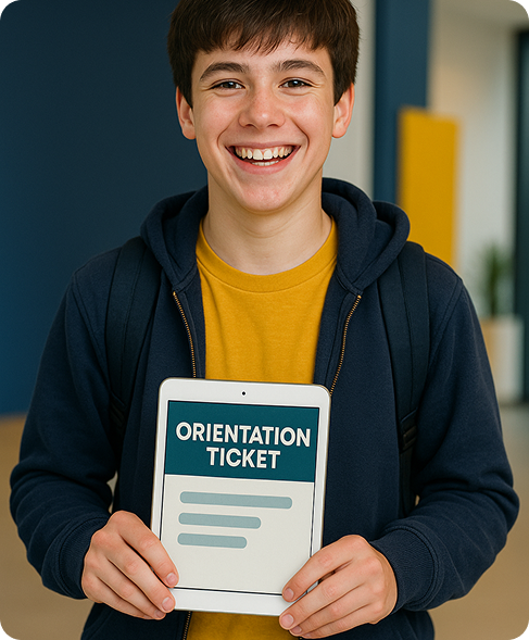 Student holding Orientation Ticket